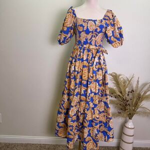 Flying Tomato Medium Blue Gold Floral Smocked Puff Sleeve Midi Dress
